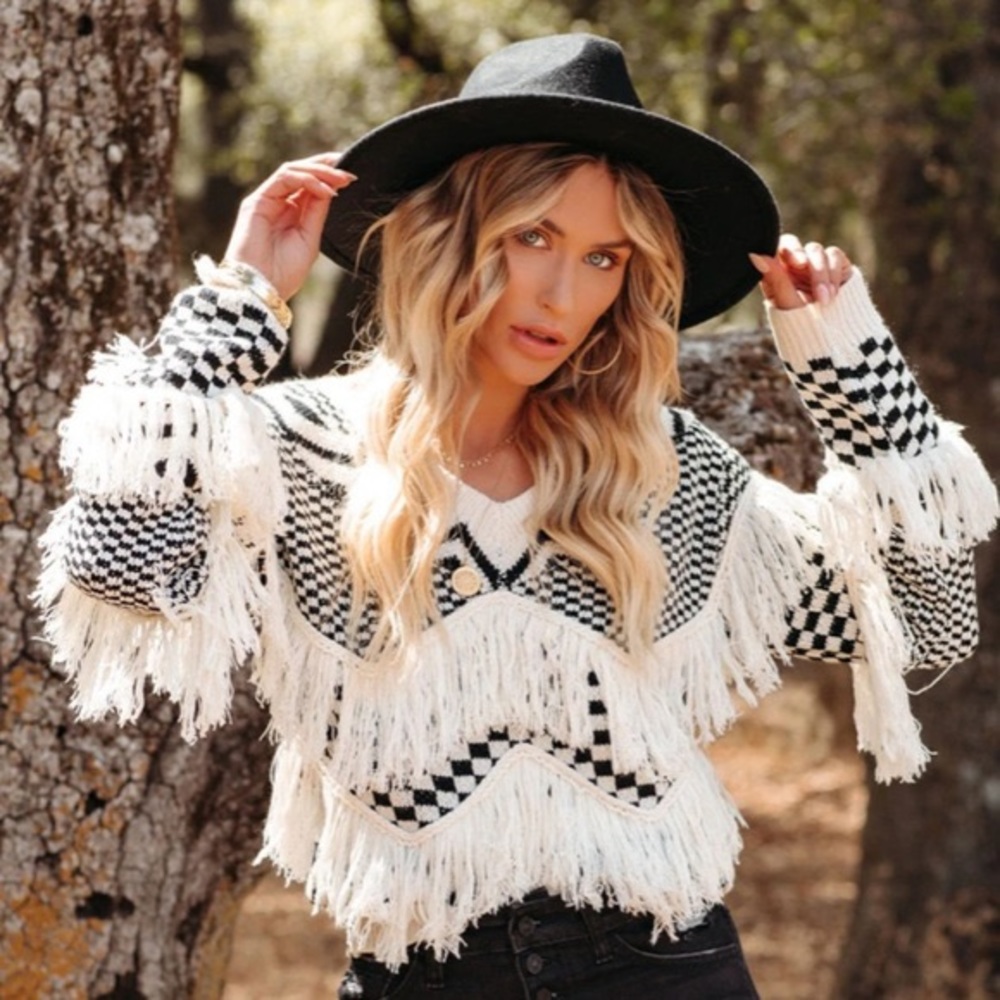 Briggs Checkered Fringe Knit Sweater